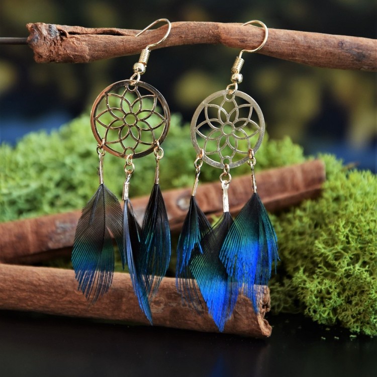 niebieskie kolczyki z piór, kolczyki złote z piórami, 