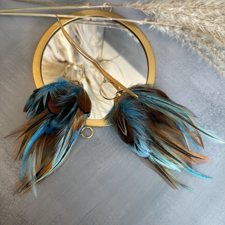 Kolczyki z piórami niebieskie i brązowe