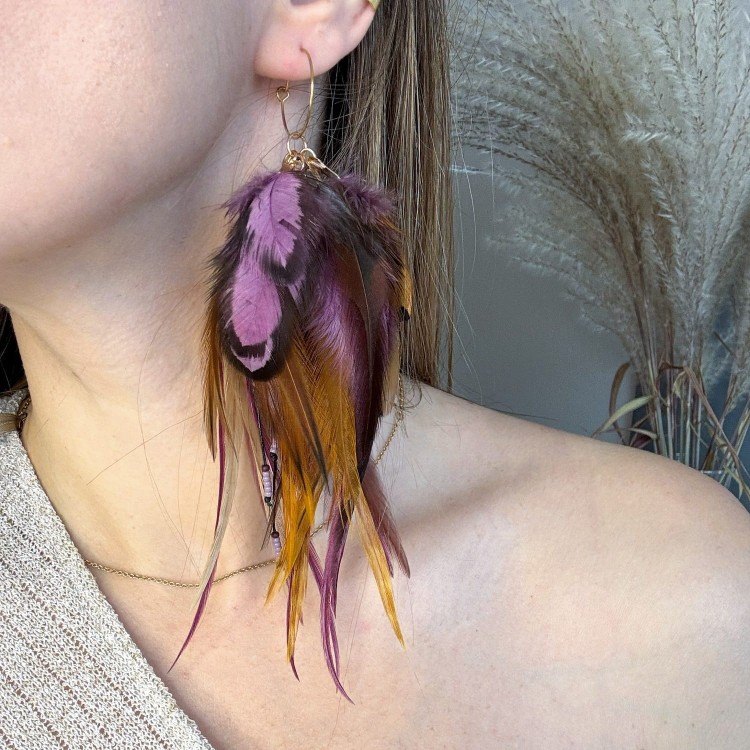 kolczyki z piórami Zuzzo brąz i fiolet