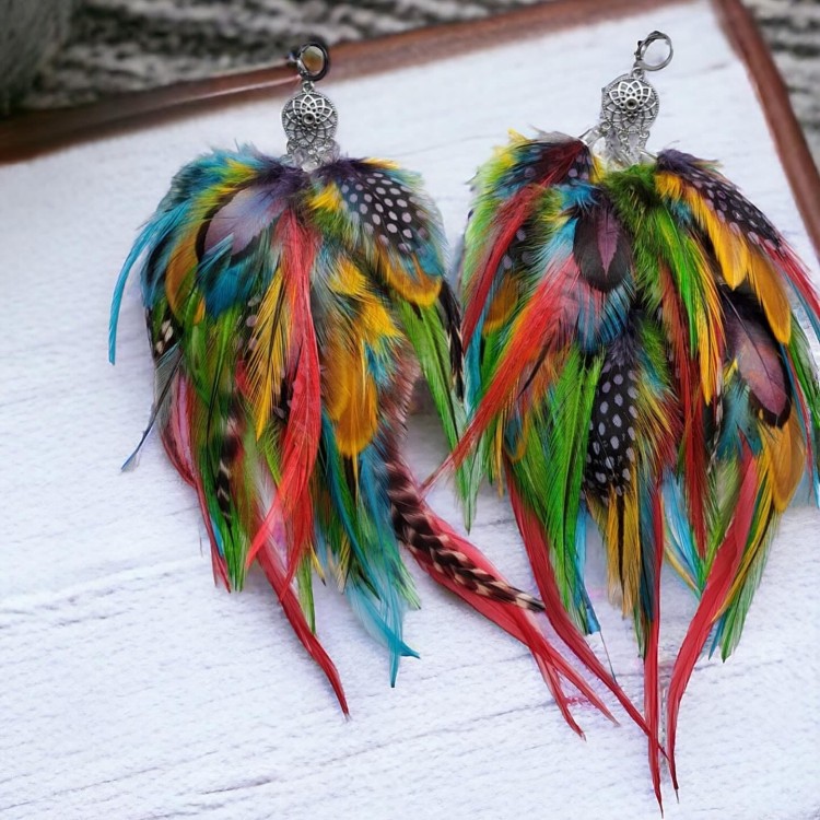 Kolczyki z piór Eden, kolorowe duże i długie kolczyki z piórami, długie pióra