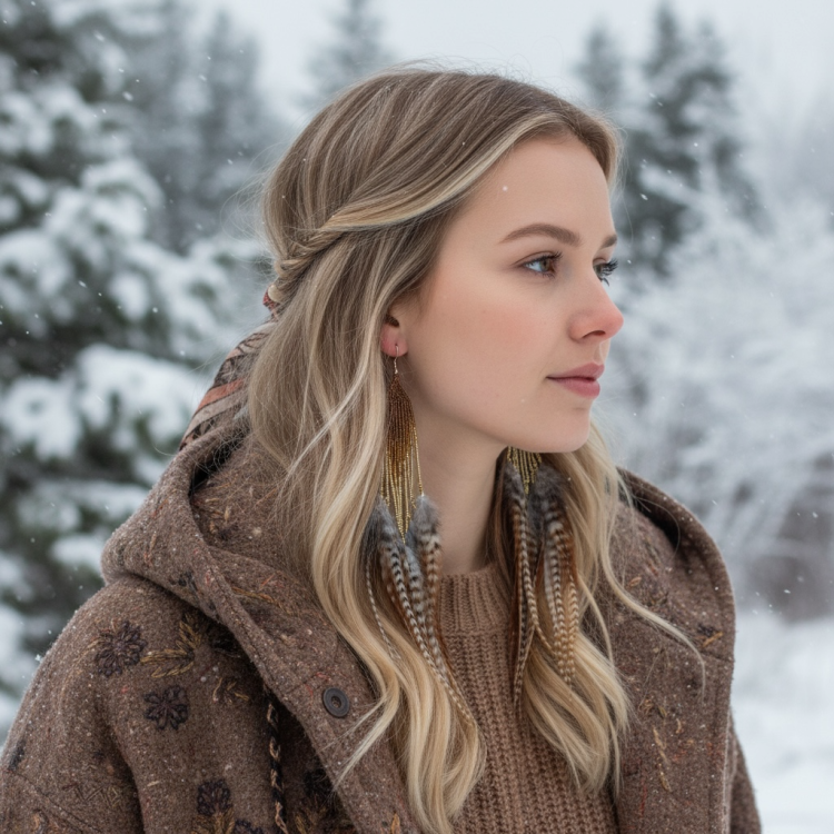 Kolczyki z piór z koralikami długie Zuzzo