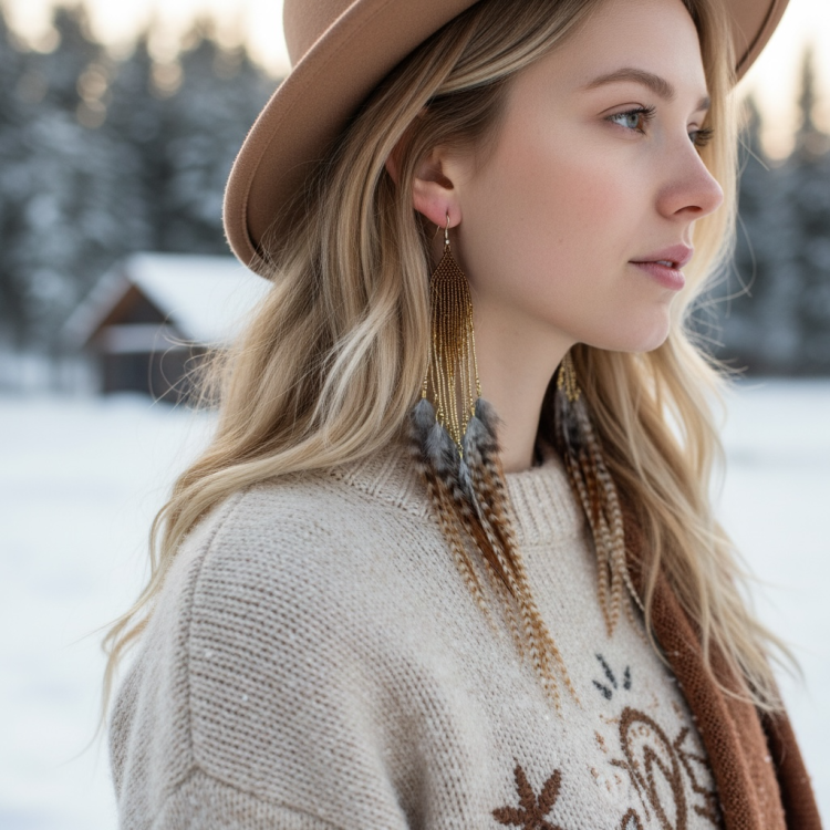 Kolczyki z piór z koralikami długie brązy beże