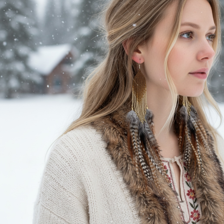 Kolczyki z piór z koralikami długie brązy beże eleganckie