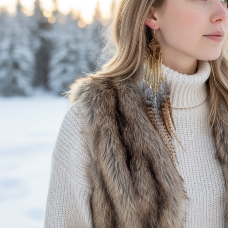 Kolczyki z piór z koralikami długie