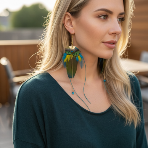 Kolczyki z piór papuga i paw Zuzzo